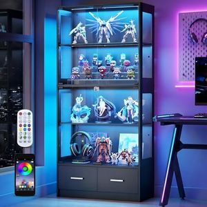 Lamtor 67" Glass Display Cabinet - Seal Strip Display Case with Lock & RGB LED Lights for Collectibles, 2 Drawers Curio Cabinet for Living Room, Office, Black