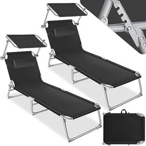 tectake® Set de 2 Chaise Longue Pliante Bain de Soleil Jardin Exterieur avec Pare Soleil & Appuie-tête Chaise Longue inclinable Transat de Plage Relax Jardin Camping Salon de Jardin Exterieur - Noir