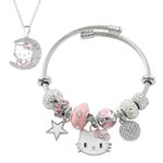 SANNIDHI® 2 Pcs Hello Kitty Bracelet for Girls Woman Adjustable Stainless Steel Cute Charm Bracelet with Necklace Alloy Hello Kitty Pendant Chain Necklace Jewellery Set Birthday Gift for Women, Girls