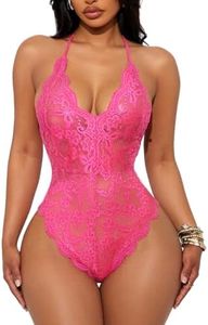 Buitifo Women Lace Bodysuit One Piece Babydoll Backless Mini Teddy V Neck Lingerie (Pink, M)