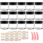 Wetexchi 15 Pack 4 oz Round Clear Glass Cosmetic Jars with Black Lids, Spatula, Chalk Labels, Pen, Candle Holder, Refillable Containers for Makeup, Cream, Sugar Scrubs, Bath Salts