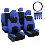 FH GROUP Full Set Cloth Car Seat Covers, Universal Fit Combo Set with Steering Wheel Cover and Seat Belt Pad for Cars, SUVs and Trucks, Blue