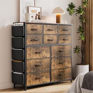 12 Dresser for Bedroom, Chest of Drawers for Bedroom with Side Pockets and Hooks, Fabric Storage Dresser, Sturdy Steel Frame, Wood Top, Easy Pull Handle (Rustic Brown)