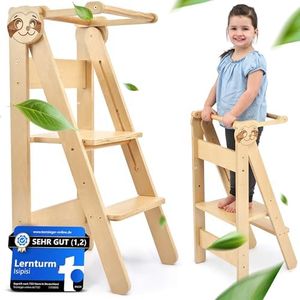 isipisi Lernturm ab 1 Jahr [Montessori] höhenverstellbarer Kinderturm – spielerisch motorische Fähigkeiten fördern – Steh- und Lern-Turm klappbar, Learning Tower, Faltbare Kindertreppe
