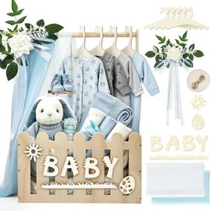 KYNUG Wooden Baby Shower Crate Closet With Hanger Rack, Wooden Baskets for Baby Shower With Handle Girl Welcome Box Personalized Baby Gifts Crates - Easy Assembly (Boy)