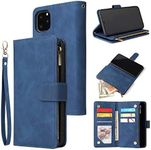 UEEBAI Wallet Case for iPhone 11 Pro Max, Premium Vintage PU Leather Magnetic Closure Handbag Zipper Pocket Case Kickstand Card Holder Slots with Wrist Strap TPU Shockproof Flip Cover - Blue