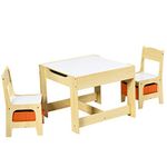 COSTWAY Kids Table Chair Set, Double Side Tabletop Table and 2Pcs Chairs with Storage Box, Activity Desk Nursery Wooden Multifunction Furniture (Natrual)