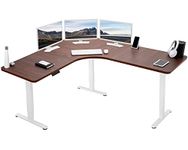 VIVO Electric Height Adjustable 180cm x 180cm Curved Corner Stand Up Desk, Dark Walnut Table Top, White Frame, Memory Controller, L-Shaped Workstation, E3C Series, DESK-KIT-E3CWD