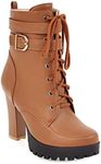 MIOKE Women's Round Toe Platform Dressy Ankle Boots Lace Up Zipper Chunky Block High Heel Dress Short Bootie, Brown-velvet Lined, 7