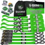 RHINO USA Ratchet Tie Down Straps (4PK) - 1,823lb Guaranteed Max Break Strength, Includes (4) Premium 1" x 15' Rachet Tie Downs with Padded Handles. Best for Moving, Securing Cargo (GREEN)