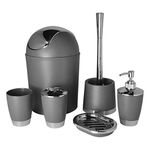 Bathlux Modern Design 6 Piece Bathroom Accessory Set, Toilet Brush, Waste Bin, Soap Dish, Tooth Brush Holder Soap Dispenser, Rinse Cup (Grey)