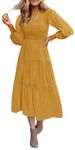 Coloody Women's 2024 Casual Long Sleeve Dress Crew Neck Smocked Flowy Tiered A-Line Pleated Midi Dress(Ginger,S)