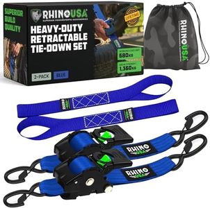 Cinghie di fissaggio a cricchetto retrattili (confezione da 2) - Resistenza alla rottura di 1360 kg, incluse (2) cinghie di fissaggio retrattili automatiche da 5 cm x 3 m con manici imbottiti - Blu