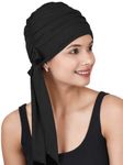 The Headsacrves Skin Friendly Bamboo Viscose Woman's Solid Pleated Beanies with Tails for Cancer Chemo Hair Loss (SS233_Black)