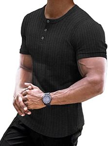 Muscle Cmdr Men's Ribbed Henley Shirt Slim Fit Muscle Shirt Fitted Cotton Short Sleeve Casual Summer T-Shirt Black/M