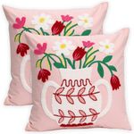 Urban Funk Collective - Pack of 2 Embroidered Decorative Throw Pillow Cover 18x18 Inch Farmhouse Floral Pillowcase for Living Room Sofa Bed (Pink Floral Vase)