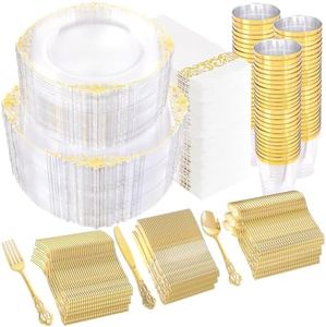 YOUBET 700PCS Clear Gold Plastic Plates - Elegant Gold Plastic Dinnerware Set Include 200 Disposable Plates, 300 Heavy Duty Silverware, 100 Cups, 100 Napkins for Wedding Party