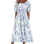 AMhomely Summer Dresses for Women UK Clearance Elegant Casual Sexy Round Neck Printing Short Sleeve Pockets Dress for Special Occasions Ladies Maxi Dresses Plus Size Petite Sexy Dress UK Size