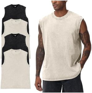 Yimoon Sleeveless Shirts for Men Workout Tank Tops Cotton Acid Wash Muscle Shirts Baggy Gym Tees(BlackBlackBeigeBeige-XXL)