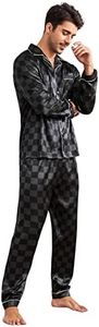 WDIRARA Men's Satin Sleepwear Plaid Button Long Sleeve Shirt and Pants Pajama Set Black L