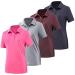 Women's Golf Polo Shirts Lightweight Moisture Wicking Short Sleeve Shirt Quick Dry Athletic Tennis Tops, 4pack Dark Purple,light Grey, Pink,dark Red, Medium