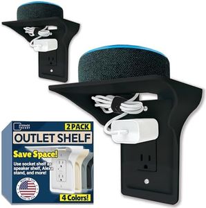 BeraTek Power Perch Wall Outlet Shelf | Declutter & Reclaim Counter Space | Bedroom & Bathroom Organizing Shelves | Alexa Echo Dot Holder, Router Shelf, Holds Electric Toothbrush | Black, 2-Pack