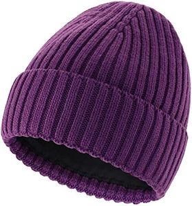 Connectyle Fleece Lined Cuffed Beanie Hat for Men Knitted Winter Wool Beanies, Purple, Large