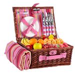 HYBDAMAI Wicker Picnic Basket for 4 with Waterproof Picnic Blanket and Insulated Cooler, Willow Hamper for Camping, Outdoors, Photoshoot, or a Birthday, Valentine’s Day, Wedding Gift, Pink