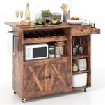 Giantex Rolling Kitchen Island Cart with Drop Leaf, Buffet Serving Cart with Wine Rack, Stemware Holder, Towel Rack & Spice Rack, Coffee Station Cabinet with Lockable Casters, Rustic Brown