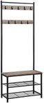 VASAGLE Coat Rack Stand, Coat Tree, Hallway Shoe Rack and Bench with Shelves, Hall Tree with Hooks, Matte Steel Frame, Height 175 cm, Industrial, Greige and Black HSR41MB