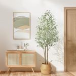 Alupssuc 6FT Olive Tree Artificial with White Pot, Faux Fake Olive Tree Indoor Outdoor with Natural Wood Trunk & Lifelike Fruits, Perfect for Modern Home Office Living Room Floor Decor
