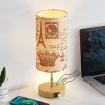 Bedside Touch Lamp, Wood Small Table lamp for Bedroom with 2 USB Charging Ports & Unique Linen Fabric Shade, 3-Way Dimmable Nightstand Lamp for Living Room Office Desk Home Guest(LED Bulb Included)