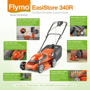 Flymo EasiStore 340R Electric Rotary Lawn Mower – 34cm, 35L Grass Box, Rear Roller