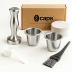 Reusable Coffee Capsule Pod Set – Compatible with Nespresso Original Machines – Includes 2 Empty Stainless Steel Capsules Pods, 30 Lids, 1 Tamper, 1 Spoon & 1 Brush – by 8Caps