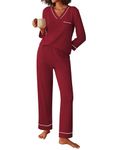 Ekouaer Women's Pajamas Sets V Neck Long Sleeve Sleepwear Comfy Pants 2 Piece Loungewear with Pocket Wine Red XX-Large