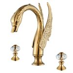 Vidugg Gold Swan Bathroom Sink Faucet 3 Holes 2 Handle Crystal Bathroom Faucet Widespread Basin Vanity Mixer Contemporary Faucet Bathroom Sink High Arc Waterfall Lavatory Basin Sink Faucet