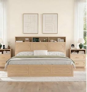 3 Pieces Bedroom Set, King Size Wood Platform Bed Frame and 2 Nightstands, Storage Headboard and Nightstand with Charging Station, Solid Wood Slats Support, No Box Spring Needed, Natural Oak