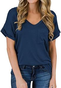 MIHOLL Women's Short Sleeve V-Neck Shirts Loose Casual Tee T-Shirt (Dark Blue, Medium)
