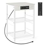 White Nightstand with Charging Station 3 Tier Small End Table with Storage Shelf Modern Farmhouse Bed Side Table with USB Ports and Outlets for Small Space Living Room Bedroom