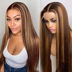 VIPbeauty 26 Inch 4/27 Highlight Lace Front Straight Human Hair Wig For Black Women Brown To Blonde Piano Ombre Seamless 13x6x1 T Part Lace Frontal Wig Pre Plucked With Baby Hair 150% Density