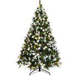 Goplus 6ft Pre-lit Artificial Christmas Tree, Hinged Snow Flocked Xmas Tree w/Pine Cones, Red Berries & 250 LED Lights, 8 Lighting Modes, Indoor Holiday Festival Decoration