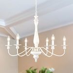 YCZHCC French Country Chandelier, 6 Light Farmhouse Light Fixture Vintage Antique Rustic White Wood Ceiling Hanging Pendant Light Fixture for Bedroom Living Dining Room Kitchen Island Hallway Foyer