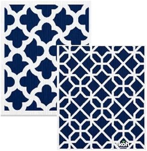 EKOH Swedish Cleaning Cloths 2 Pack | Swedish Dishcloths for Washing Dishes | Eco Sponge Cloth for Cleaning Kitchen | Zero Waste Dish Cloth | No Plastic Reusable Kitchen Towels (Geometic Navy)