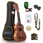 Everjoys Mahogany Soprano Ukulele Starter Kit - Professional 21 inch w/Case Strap Tuner Aquila Strings Pick Free Online Lesson (Natural Mahogany)