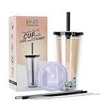 HYDRATE 2.ONE 700ml Iced Coffee Cup with 2 Lids, 1 Thick & 2 Thin Straws & 2 Brushes (NO Sleeve) | Reusable Travel Tumbler for Bubble Tea, Boba, Smoothie, Milkshake or Any Drinks (Black)