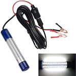 Submersible Underwater Fish Light Super Bright Depth Fish Finder Light 12V-24V Underwater 180 Light Color Blue/White/Green Lure Bait Trout Finder Night Fishing Lamp, for Prawn Squid Shad Bass Trout Red Fish (with battery clip & power plug, White)