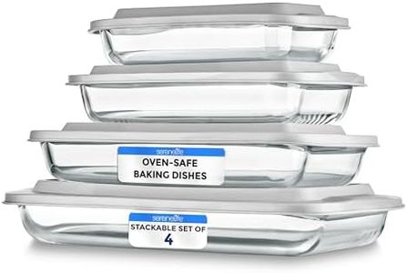 SereneLife 4-Piece Glass Baking Dish with Lids Set - Heavy Duty Rectangular Glass Baking Pan with BPA-Free Lids, Oven-Safe Bakeware for Lasagna, Meats, Desserts, & More - Dishwasher Safe, White