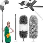 TINDTOP Microfiber Feather Duster Kit, Extendable Pole Cobweb Duster with 2 Bendable Head, Reusable and Washable Dusters for Cleaning Ceiling Fan, High Ceiling, Cupboard, Blinds, Furniture & Cars