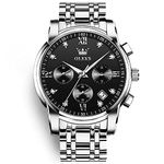 OLEVS Chronograph Watches for Men Roman Numerals Black Dial Diamond Watches for Men Big Face Silver Stainless Steel Watches Men Fashion Classic Luminous Waterproof with Date Mens Watches