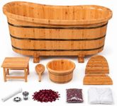 Aromatic Cedar Wood Bath Barrel with Outer Stool, Wooden Ladle, Drainage Hose, and Herbal Spa Set – Deep Soaking Tub, 51–63 Inch Sizes (wooden color, 63 in)